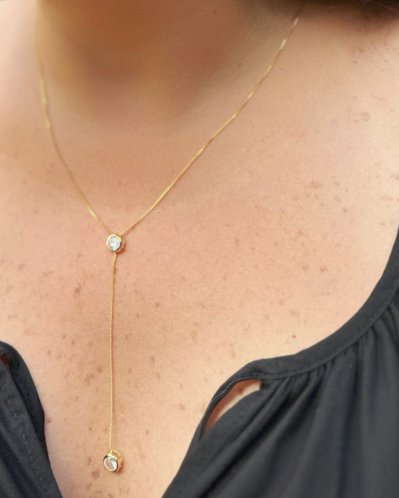 18K GOLD PLATED FLOATING SOLITAIRE DOUBLE ZIRCONIA NECKLACE