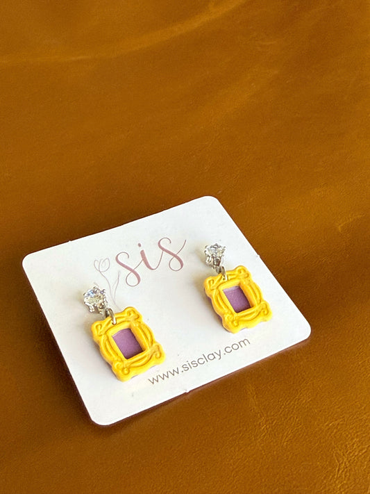 Friends-inspired yellow frame with purple door earrings